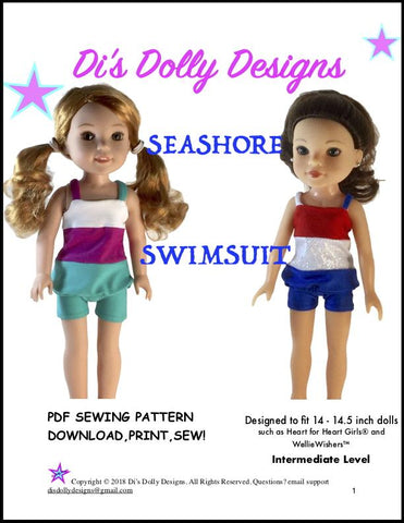 Di's Dolly Designs WellieWishers Seashore Swimsuit 14-14.5" Doll Clothes Pattern Pixie Faire