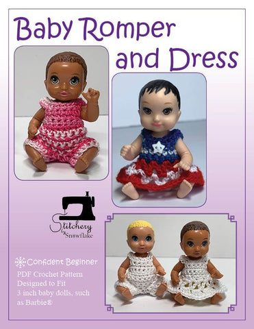 Stitchery By Snowflake Barbie Baby Romper and Dress 3" Doll Clothes Crochet Pattern Pixie Faire
