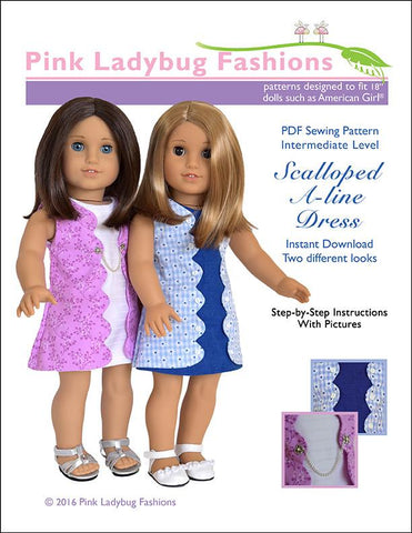 Pink Ladybug 18 Inch Modern Scalloped A-line Dress 18" Doll Clothes Pattern Pixie Faire