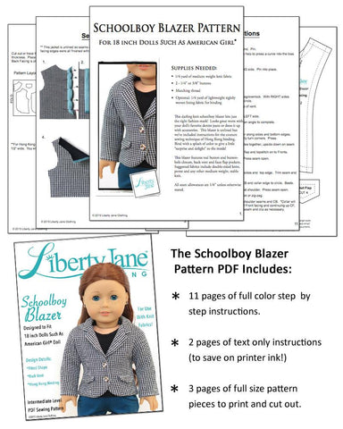 Liberty Jane 18 Inch Modern Schoolboy Blazer 18" Doll Clothes Pattern Pixie Faire