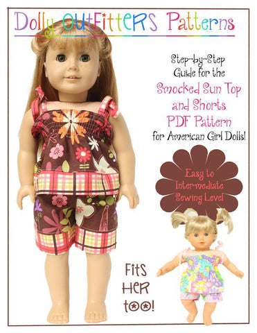 Dolly Outfitters 18 Inch Modern Smocked Sun Top and Shorts 15" and 18" Doll Clothes Pattern Pixie Faire