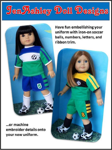 Jen Ashley Doll Designs 18 Inch Modern Soccer Uniform 18" Doll Clothes Pattern Pixie Faire