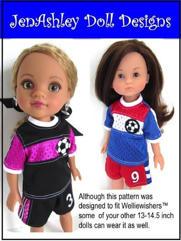 Jen Ashley Doll Designs WellieWishers Soccer Uniform 13-14.5" Doll Clothes Pattern Pixie Faire