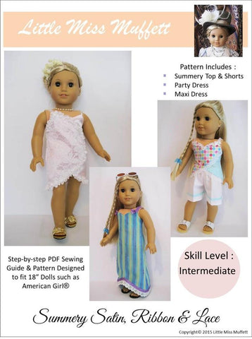 Little Miss Muffett 18 Inch Modern Summery Satin, Ribbon & Lace 18" Doll Clothes Pattern Pixie Faire