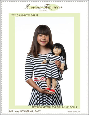 Bonjour Teaspoon Girls Taylor Regatta Dress for Girls and Dolls Bundle Pattern Pixie Faire