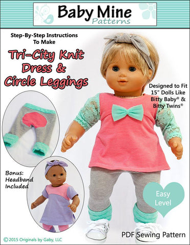 Baby Mine Bitty Baby/Twin Tri-City Knit Dress & Circle Leggings 15" Baby Doll Clothes Pattern Pixie Faire
