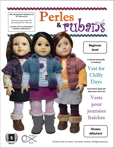 Perles & Rubans Knitting Vest for Chilly Days 18" Doll Clothes Knitting Pattern Pixie Faire