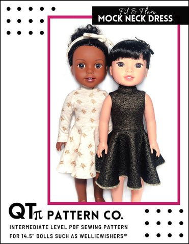 QTπ Pattern Co WellieWishers Fit & Flare Mock Neck Dress 14.5" Doll Clothes Pattern Pixie Faire