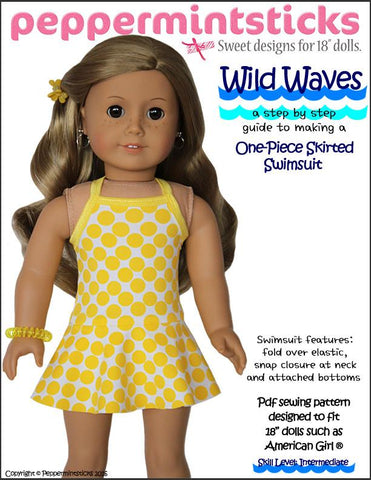 Peppermintsticks 18 Inch Modern Wild Waves One-Piece Skirted Swimsuit 18" Doll Clothes Pixie Faire