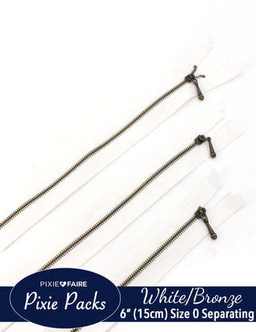 Pixie Faire Pixie Packs Pixie Packs 6" (15cm) Separating Zippers White Bronze - Size 0 Pixie Faire