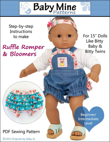 Baby Mine Bitty Baby/Twin Ruffle Romper and Bloomers 15" Baby Doll Clothes Pattern Pixie Faire