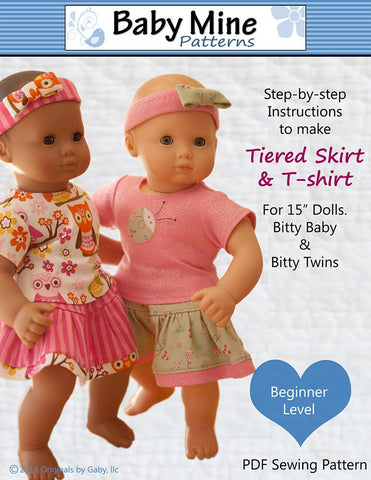 Baby Mine Bitty Baby/Twin Tiered Skirt & Tee Shirt 15" Baby Doll Clothes Pattern Pixie Faire