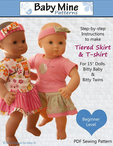 Baby Mine Bitty Baby/Twin Tiered Skirt & Tee Shirt 15" Baby Doll Clothes Pattern Pixie Faire