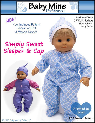 Baby Mine Bitty Baby/Twin Simply Sweet Sleeper and Cap 15" Baby Doll Clothes Pattern Pixie Faire