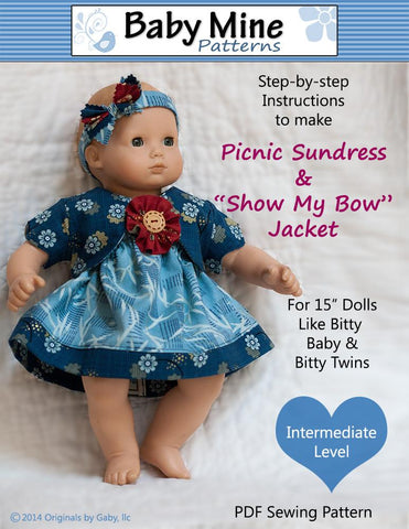 Baby Mine Bitty Baby/Twin Picnic Sundress and Show My Bow Jacket 15" Baby Doll Clothes Pattern Pixie Faire