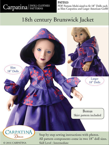 Carpatina Dolls 18 Inch Historical 18th Century Brunswick Jacket Multi-sized Pattern for Regular and Slim 18" Dolls Pixie Faire