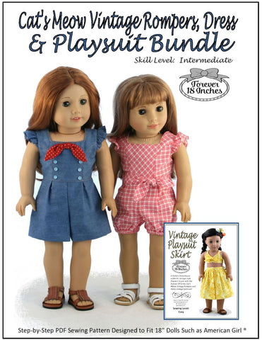 Forever 18 Inches 18 Inch Modern Cat's Meow Vintage Rompers, Dress & Playsuit Skirt Bundle 18" Doll Clothes Pixie Faire