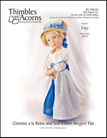 Thimbles and Acorns 18 Inch Historical Chemise a la Reine and Soft Crown Bergère Hat for AGAT Dolls Pixie Faire