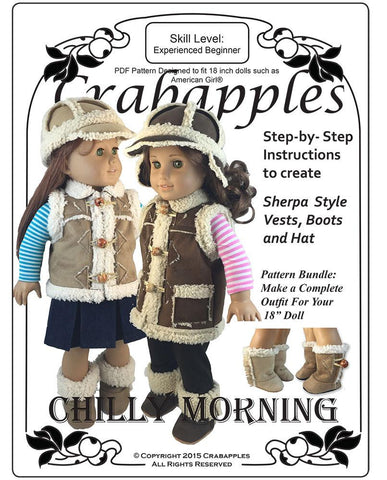 Crabapples 18 Inch Modern Chilly Morning Vest, Hat and Boot Bundle 18" Doll Clothes Pattern Pixie Faire