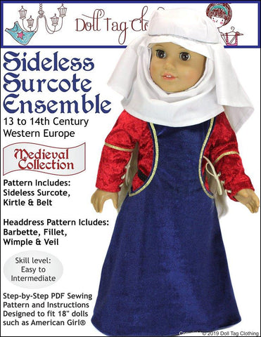 Doll Tag Clothing 18 Inch Historical Sideless Surcote Ensemble Medieval Collection 18" Doll Clothes Pattern Pixie Faire