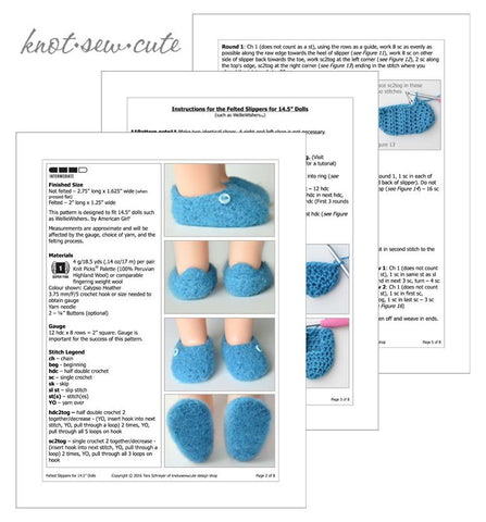 Knot-Sew-Cute WellieWishers Felted Slippers 14.5" Doll Clothes Crochet Pattern Pixie Faire
