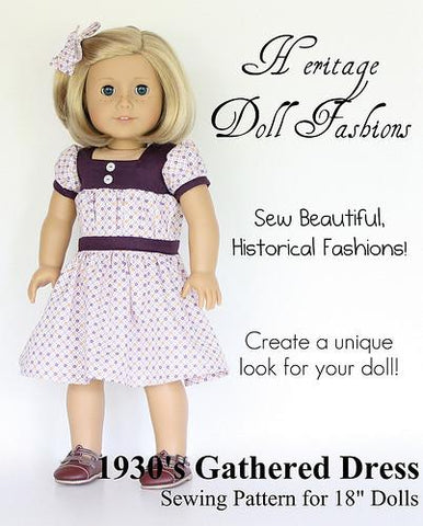 Heritage Doll Fashions 18 Inch Historical 1930's Gathered Dress 18" Doll Clothes Pattern Pixie Faire