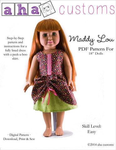 Aha Customs 18 Inch Modern Maddy Lou Dress 18" Doll Clothes Pattern Pixie Faire