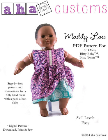 Aha Customs Bitty Baby/Twin Maddy Lou Dress 15" Baby Doll Clothes Pattern Pixie Faire