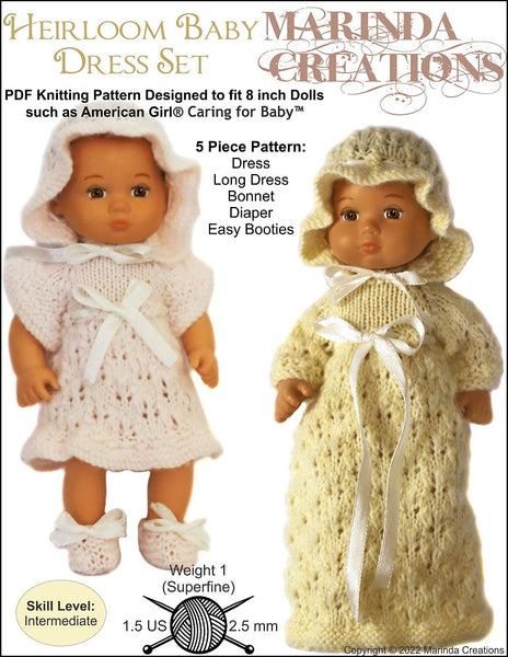 knitting patterns dress Marinda Creations Heirloom Baby Dress Set 8" Baby Doll Clothes Knitting Pattern