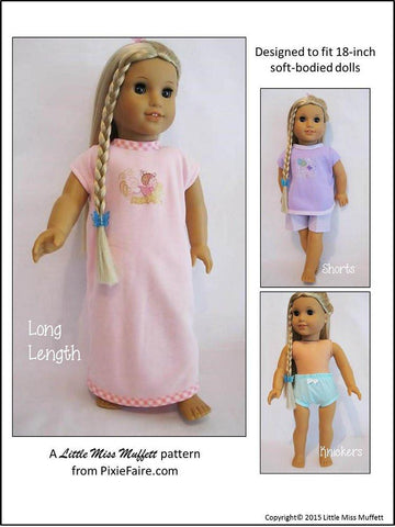 Little Miss Muffett 18 Inch Modern Snuggly Summer Nighties, Knickers & Shorts 18" Doll Clothes Pattern Pixie Faire