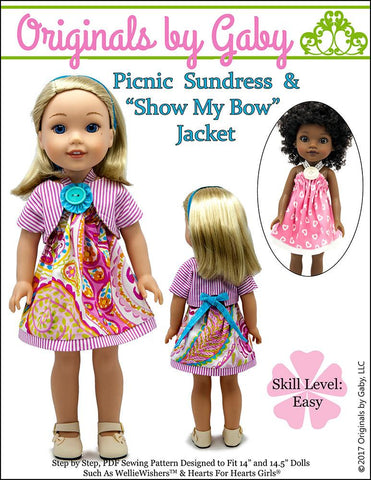 Originals by Gaby WellieWishers Picnic Sundress & Show My Bow Jacket 14.5" Doll Clothes Pattern Pixie Faire