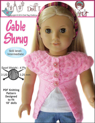 Doll Tag Clothing Knitting Cable Shrug 18" Doll Clothes Knitting Pattern Pixie Faire