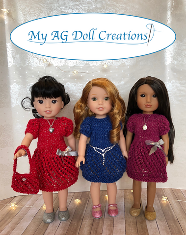 My AG Doll Creations WellieWishers Mita's Party Dress & Sweater Combo Knitting Pattern for 14-14.5" Dolls Pixie Faire