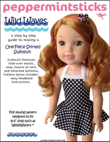 Peppermintsticks WellieWishers Wild Waves One-Piece Skirted Swimsuit 14.5" Doll Clothes Pattern Pixie Faire