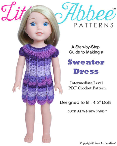 Little Abbee WellieWishers Sweater Dress 14.5" Doll Clothes Crochet Pattern Pixie Faire