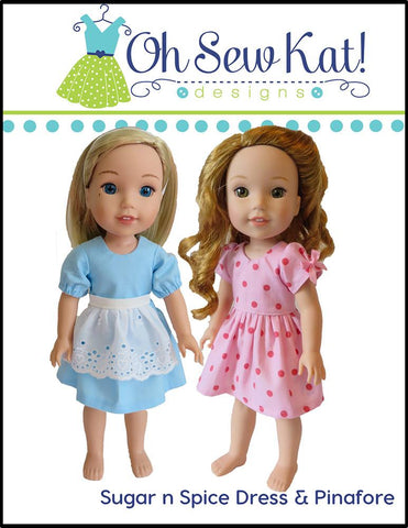 Oh Sew Kat WellieWishers Sugar n Spice & Everything Nice Dress & Pinafore with Dress Up Accessories 14.5" Doll Clothes Pattern Pixie Faire
