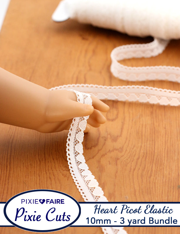 Pixie Faire Pixie Cuts Elastic Pre-Cut 3 Yard Bundle 10mm or 3/8 inch Tiny Picot Hearts White Pixie Faire
