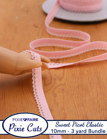 Pixie Faire Pixie Cuts Elastic Pre-Cut 3 Yard Bundle 10mm or 3/8 inch Sweet Picot Pink Pixie Faire