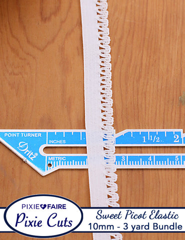 Pixie Faire Pixie Cuts Elastic Pre-Cut 3 Yard Bundle 10mm or 3/8 inch Sweet Picot White Pixie Faire