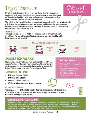 Sew Maker Patterns WellieWishers The Beatrice Dress 14.5" Doll Clothes Pattern Pixie Faire