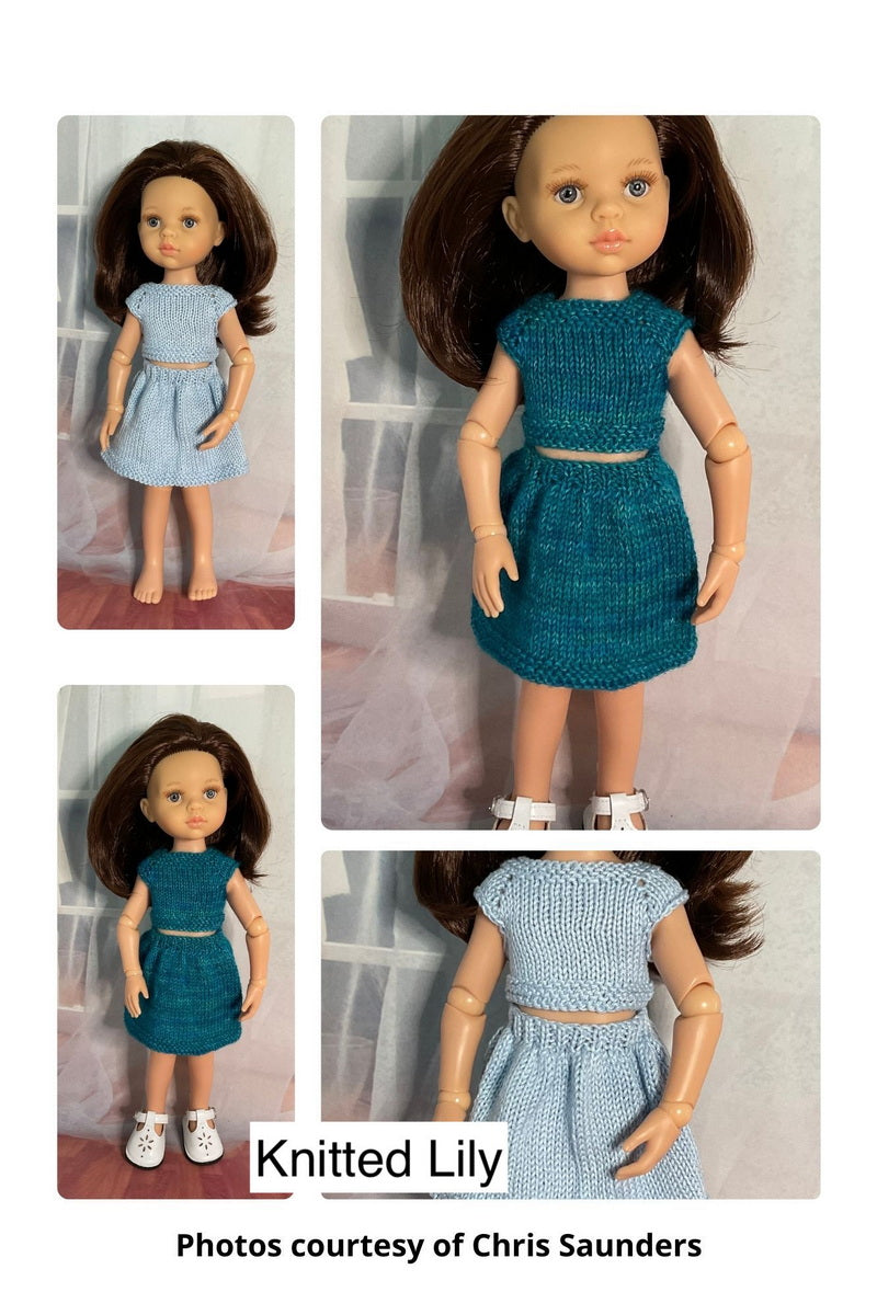 Knitted Lily Paola Reina Ice Silk Top and Skirt Knitting Pattern for 13" Paola Reina Dolls Pixie Faire