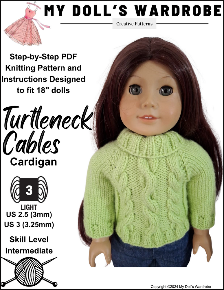 My Doll's Wardrobe Knitting Turtleneck Cables 18" Doll Clothes Knitting Pattern Pixie Faire