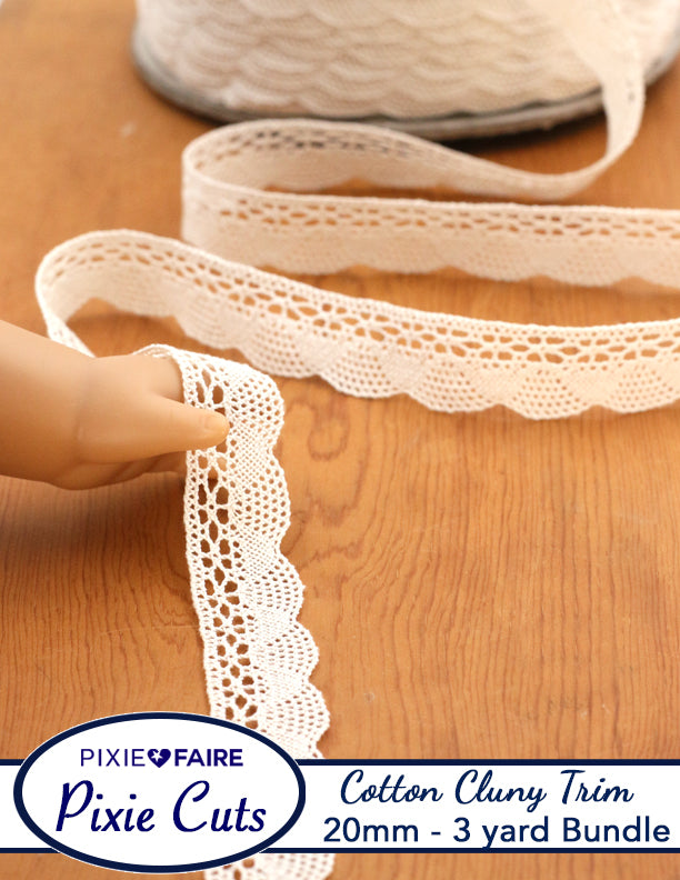 Pixie Faire Pixie Cuts Trim Pre-Cut 3 Yard Bundle 20mm or 3/4 inch Ecru Cotton Cluny Lace Trim Fine Wave Scallop Pixie Faire