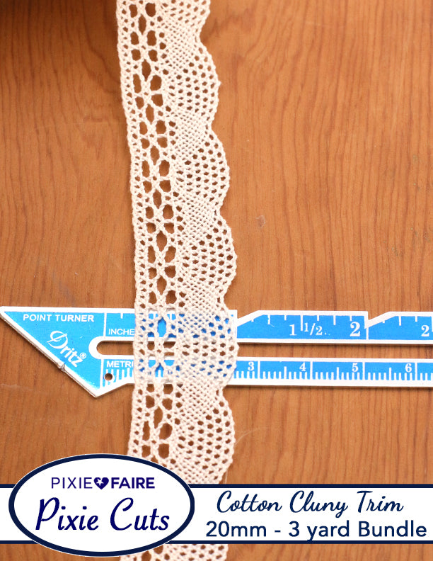 Pixie Faire Pixie Cuts Trim Pre-Cut 3 Yard Bundle 20mm or 3/4 inch Ecru Cotton Cluny Lace Trim Fine Wave Scallop Pixie Faire