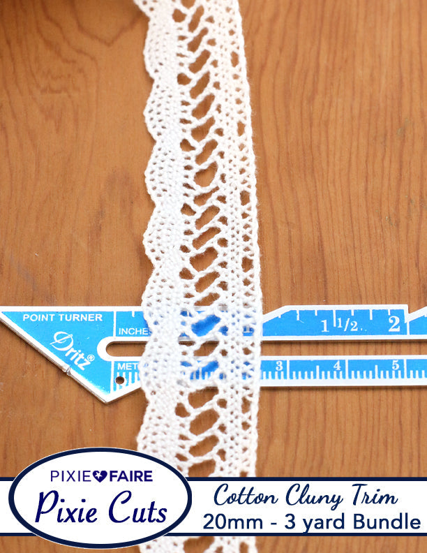 Pixie Faire Pixie Cuts Trim Pre-Cut 3 Yard Bundle 20mm or 3/4 inch White Cotton Cluny Lace Trim Ladder Wave Scallop Pixie Faire