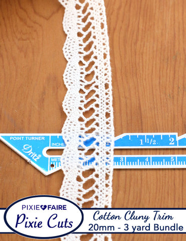 Pixie Faire Pixie Cuts Trim Pre-Cut 3 Yard Bundle 20mm or 3/4 inch White Cotton Cluny Lace Trim Ladder Wave Scallop Pixie Faire