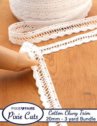 Pixie Faire Pixie Cuts Trim Pre-Cut 3 Yard Bundle 20mm or 3/4 inch White Cotton Cluny Lace Trim Ladder Wave Scallop Pixie Faire