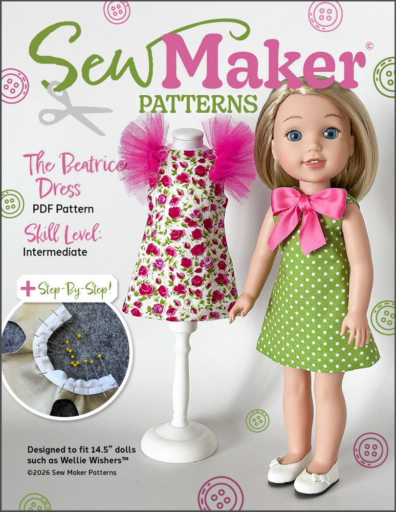Sew Maker Patterns WellieWishers The Beatrice Dress 14.5" Doll Clothes Pattern Pixie Faire