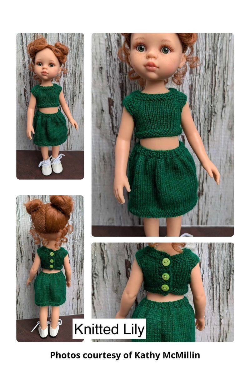 Knitted Lily Paola Reina Ice Silk Top and Skirt Knitting Pattern for 13" Paola Reina Dolls Pixie Faire