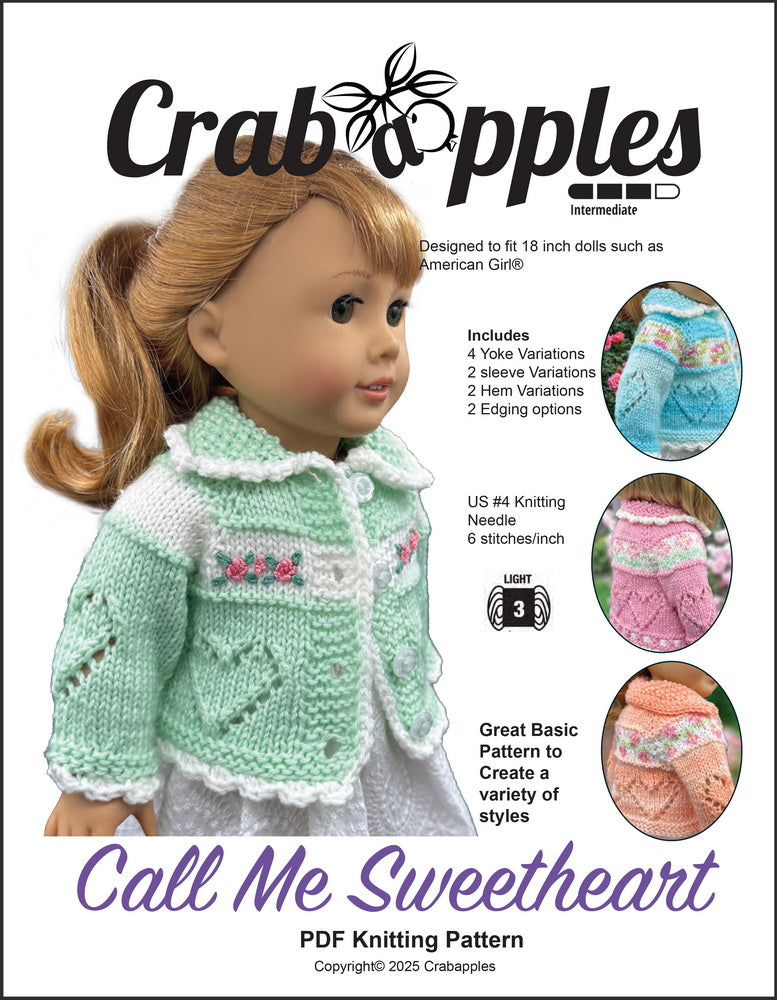 Crabapples Knitting Call Me Sweetheart 18" Doll Clothes Knitting Pattern Pixie Faire